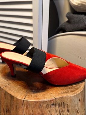 Red Suede Pointed-Toe Mule with Black Elastic Strap